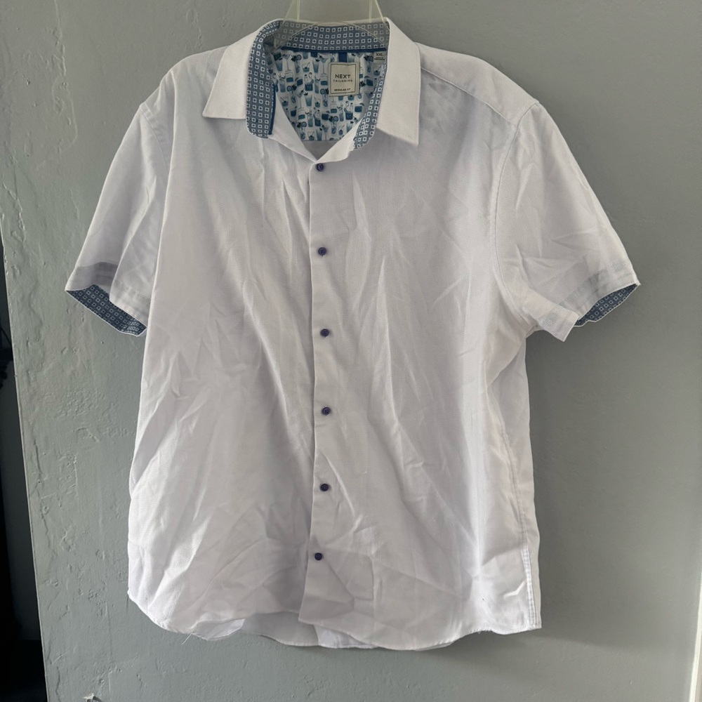 Next Tailoring White Button Up Short Sleeve Shirt with Blue Details